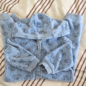 Little Me Soft Blue Baby Hoodie  Romper with Car Design 12M